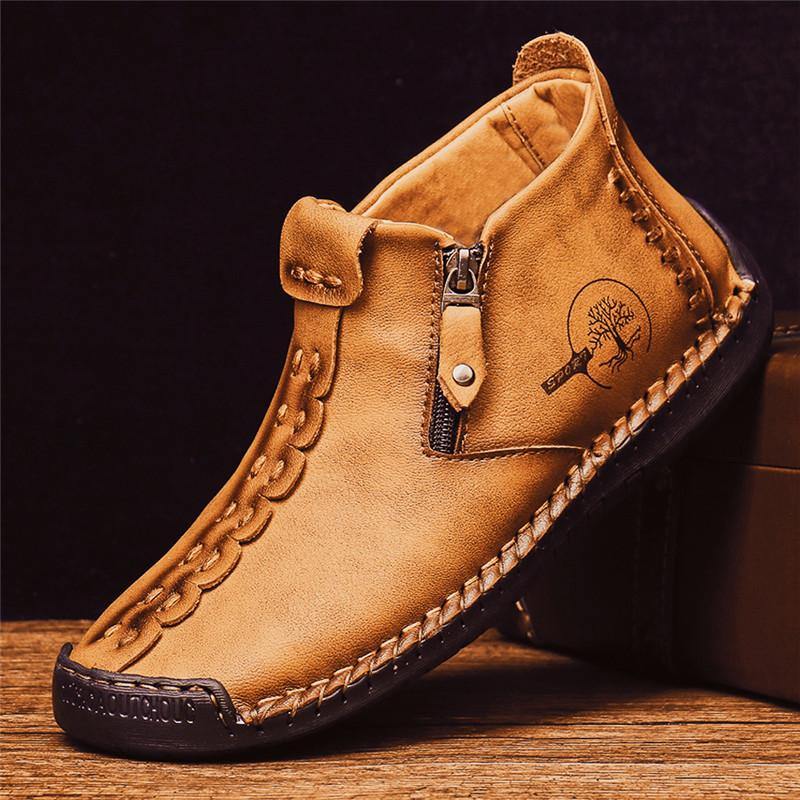 Men Hand Stitching Leather Non-slip Anti-Collision Toe Cap Casual Ankle Boots