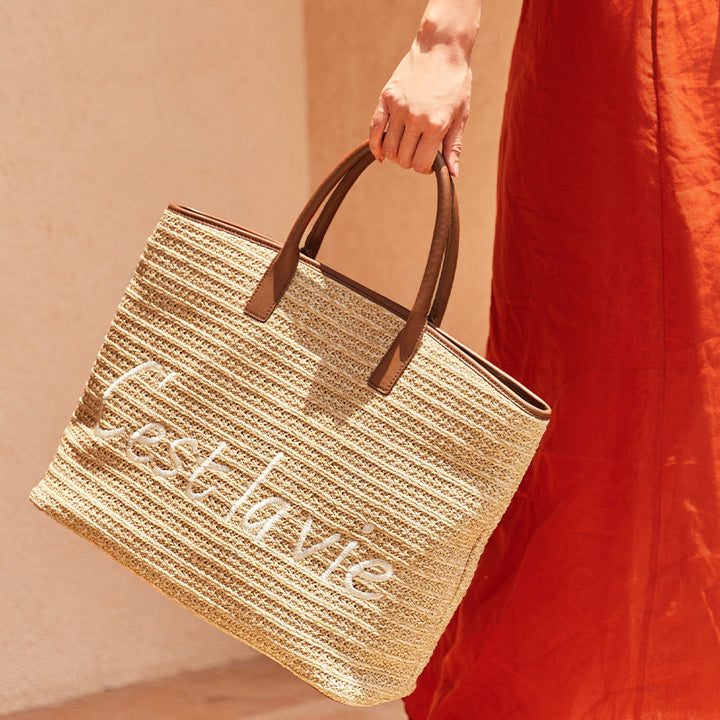 Casual Straw Tote Bag with Letter Decoration for Women