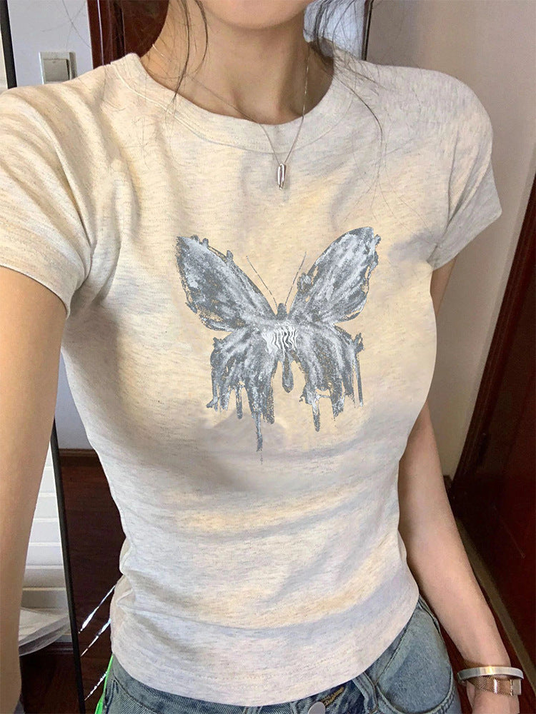 Butterfly Print Short Sleeve Shoulder Women's Summer