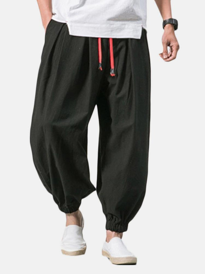 Men Cotton Loose Comfy Baggy Vintage Drawstring Jogger Casual Harem Pants