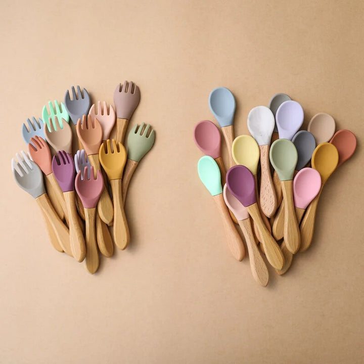 Baby Bamboo Fork Silicone Wooden Feeding Set