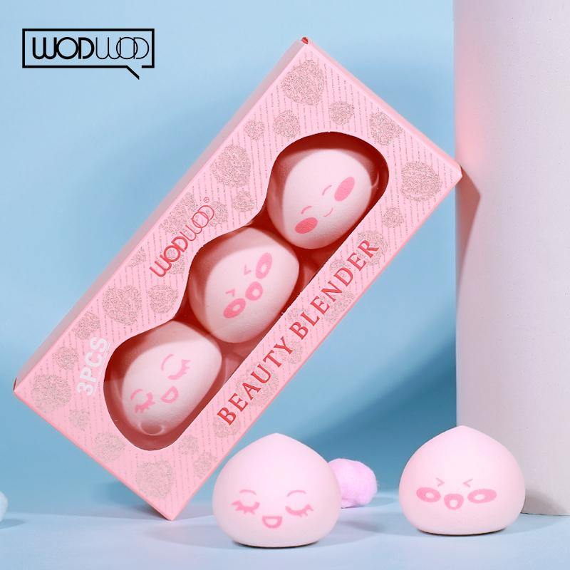 3PCS/SET makeup puff  sponge by WODWOD pink color peach shape with smile printing wet dry use maekup water drop sponge (#1)