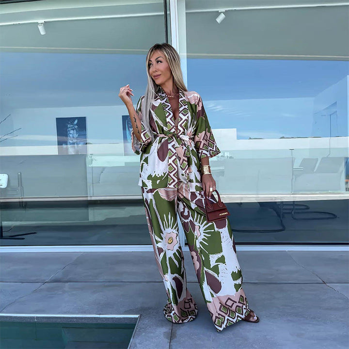 Printed Cropped Sleeve Cardigan Wide Leg Pants Suit