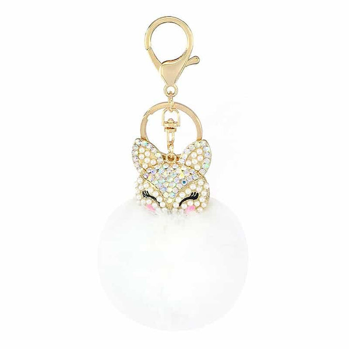 Women's Rhinestones Decorated Fox Fur Ball Keychain