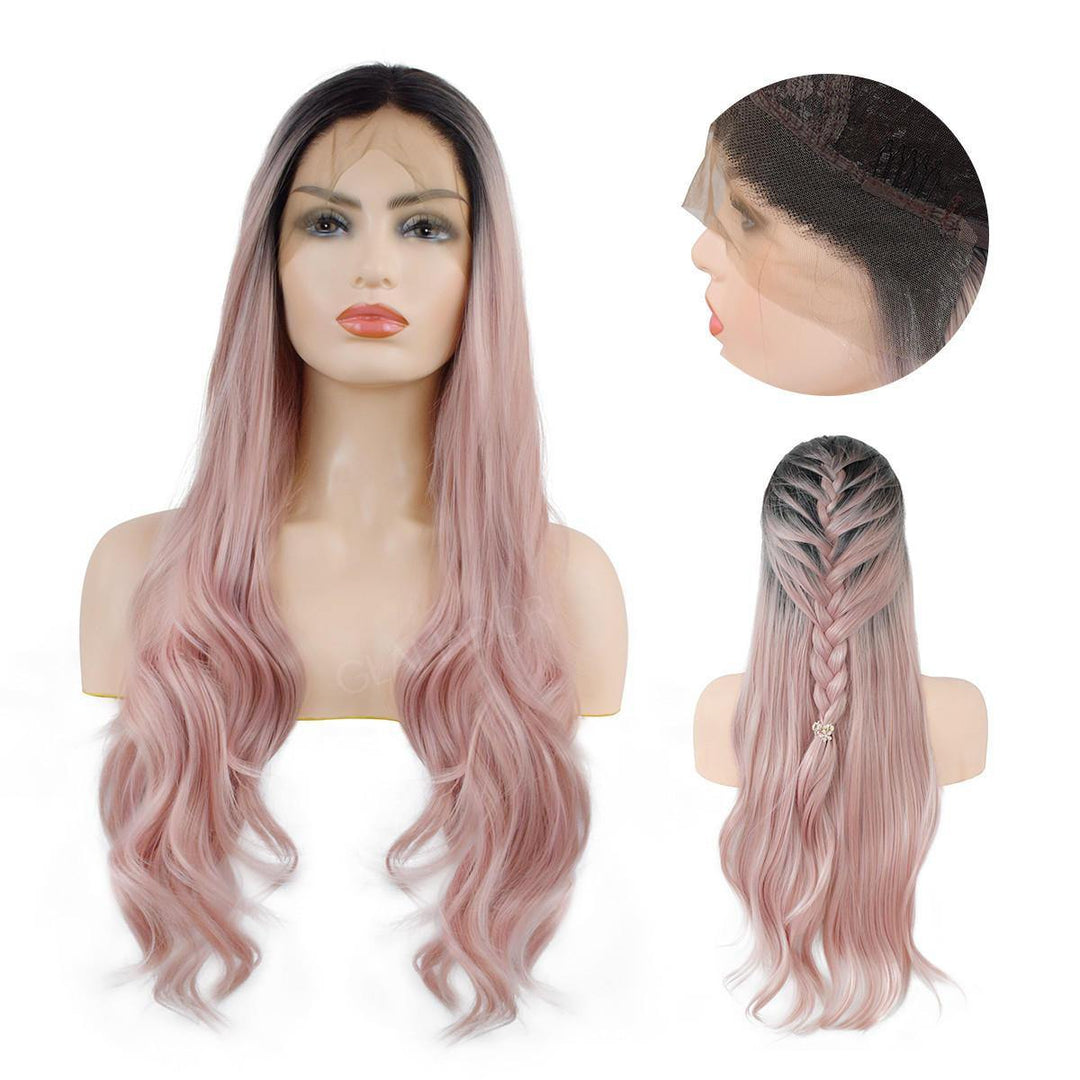 24 Inch T Pink Wig Front Lace Chemical Fiber Wig ladies high temperature silk half hand hook big curly hair