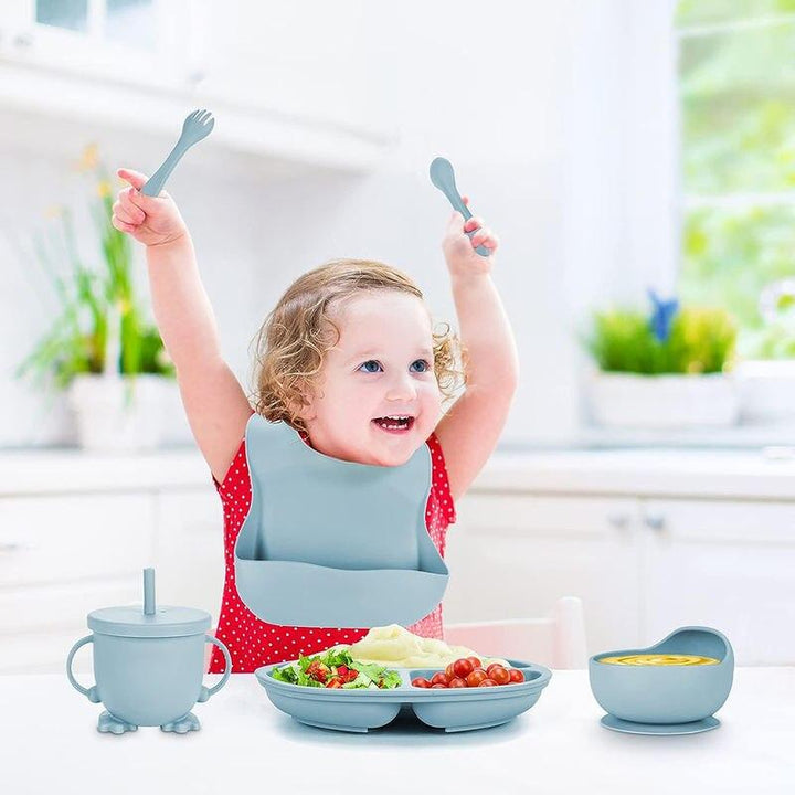 Baby Silicone Feeding Set 6PCS - Suction Bowl, Bib, Cup, Fork, Spoon & Plate - BPA Free