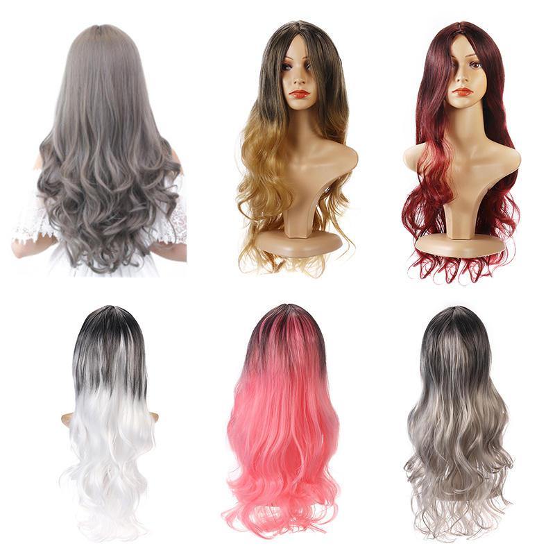 26'' Women Ombre Black Red Full Wig Ladies Long Curly Wavy Wig Hair Cosplay