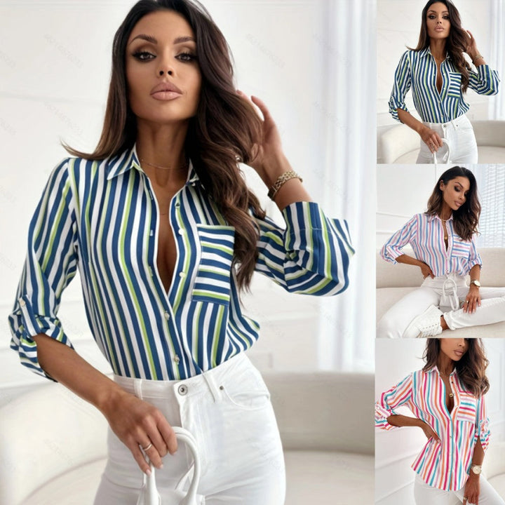 V-neck Pocket Striped Printed Shirt Women