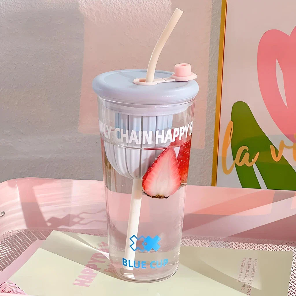 Cute Korean Glass Cup with Lid and Straw