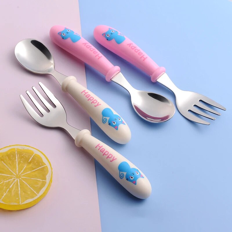 Stainless Steel Toddler Cutlery Set - Cartoon Infant Feeding Spoon & Fork with Travel Case