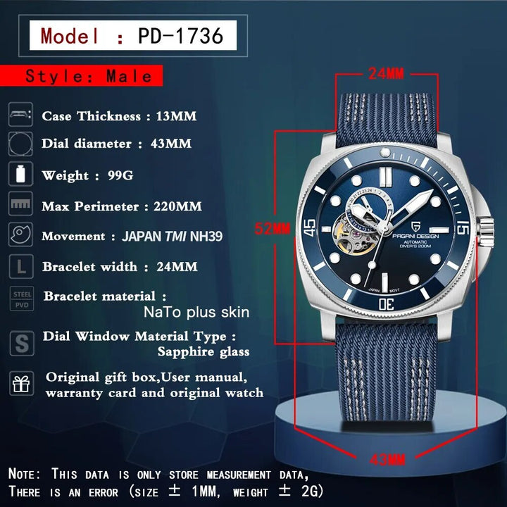 Luxury Sports Mechanical Watch with Sapphire Crystal and 200M Water Resistance