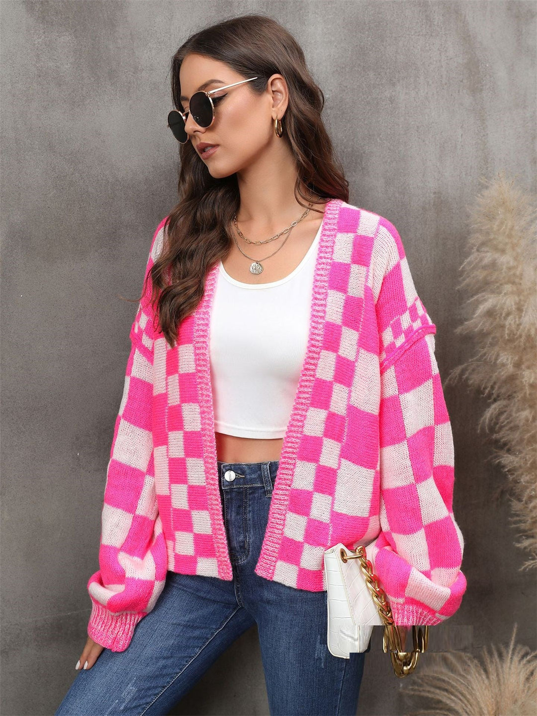 Fashion Plaid Cardigan Plus Size Coat Knitted Coat