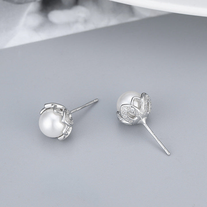 S925 Sterling Silver Simple Flower Pearl Stud Earrings New Micro Inlaid Zircon