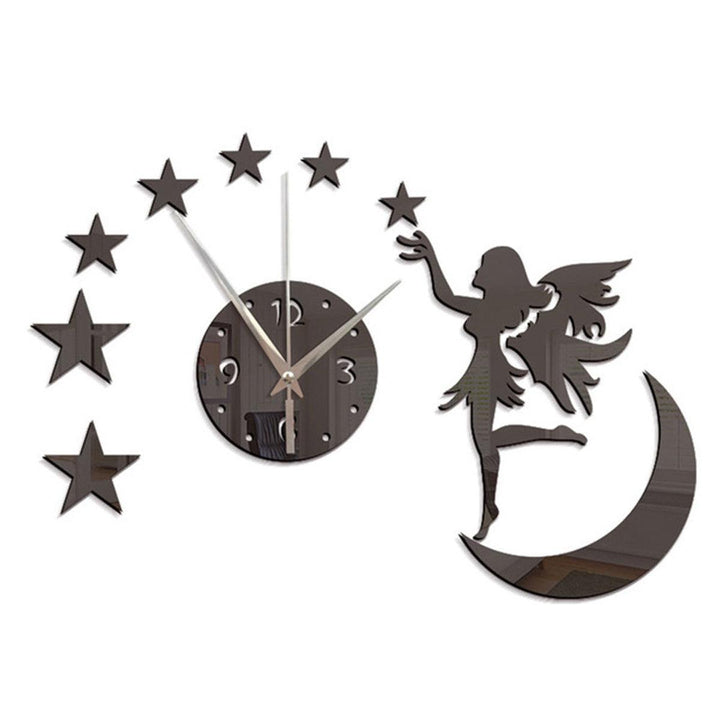 3D DIY Clock Acrylic Mirror Wall Sticker Fairy Angel Moon Star TV Backdrop Home Bedroom Wall Decoration Art Supplies