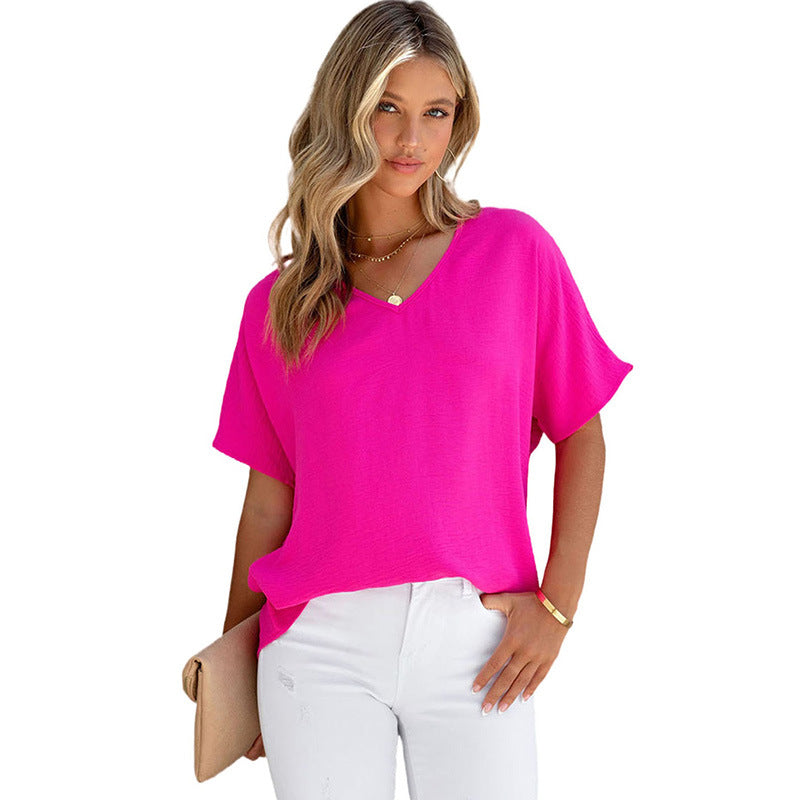 Leisure All-matching Solid Color T-shirt Loose Pullover V-neck Short-sleeved Top