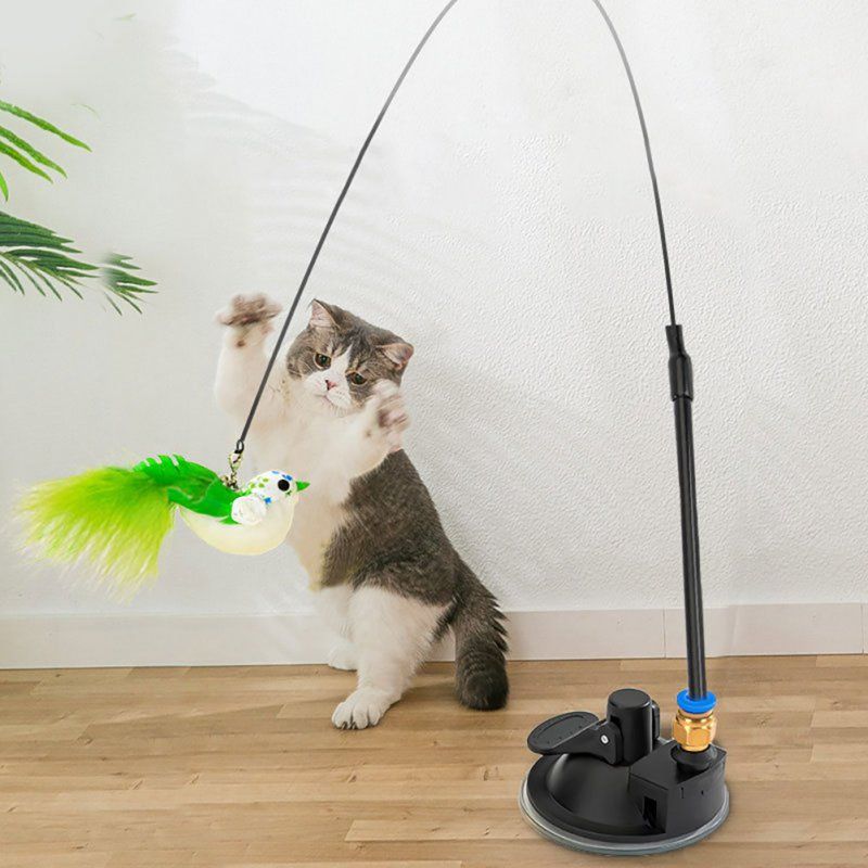 Interactive Feathered Bird Wand Toy with Suction Cup for Cats