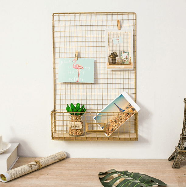 Gold Wall Hanging Storage Rack DIY Iron Mesh Grid Multi-function Photo Display Panel Hanging Home Decorative Shelf Holder