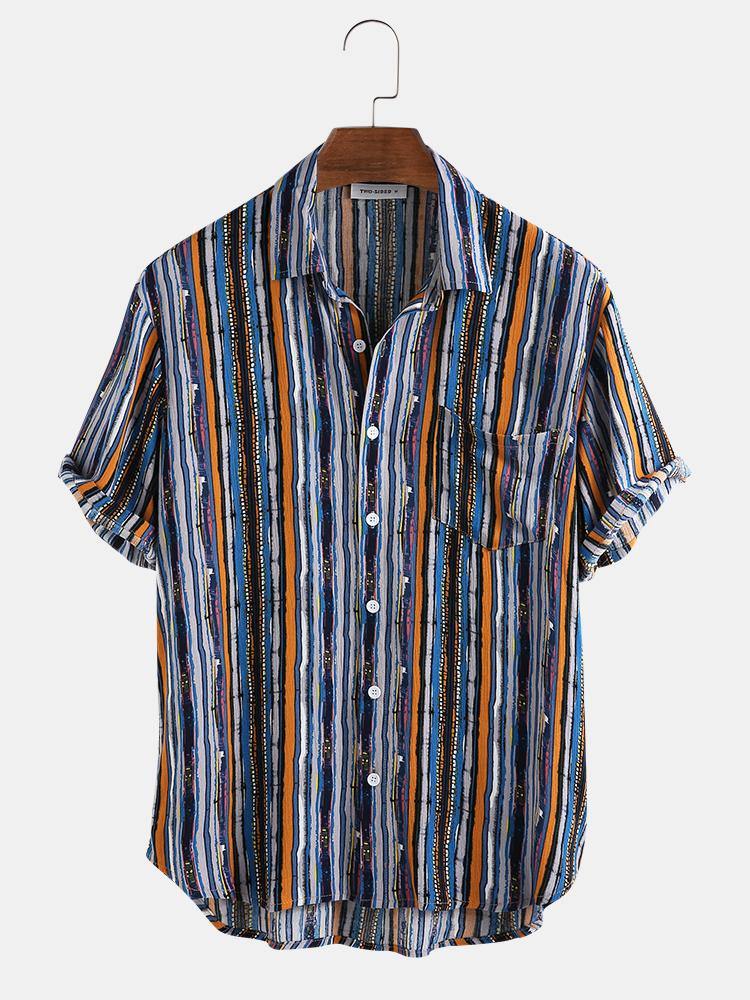 Mens Cotton Colorful Striped Pocket Short Sleeve Shirts