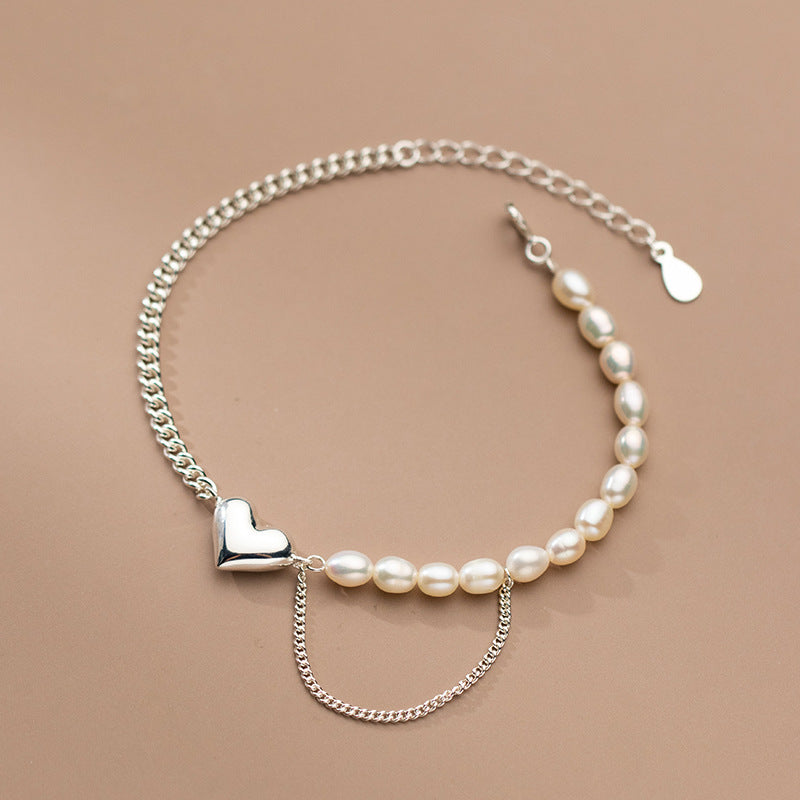 Silver Love Pearl Chain Bracelet Heart Shape