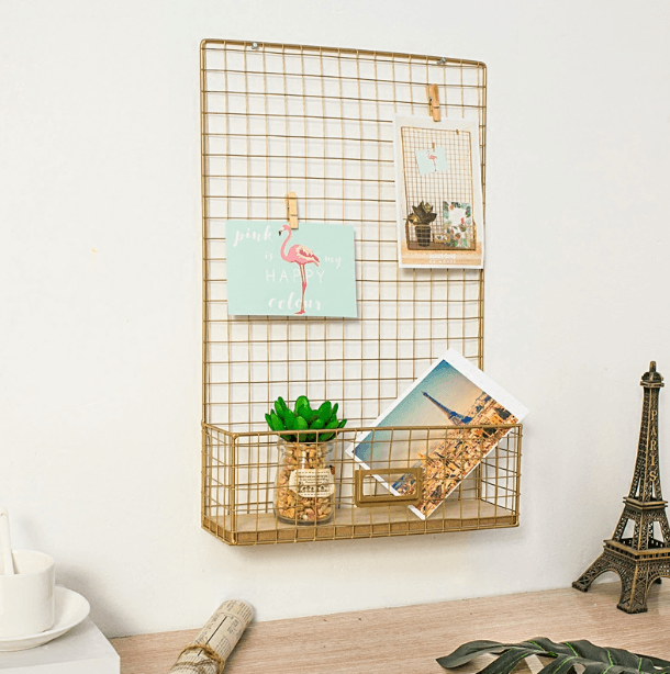 Gold Wall Hanging Storage Rack DIY Iron Mesh Grid Multi-function Photo Display Panel Hanging Home Decorative Shelf Holder