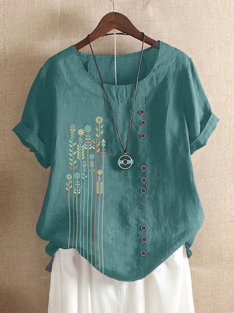 Bohemian Print Button Crew Neck Short Sleeve T-Shirts