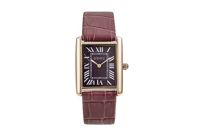 Quartz Watch Rectangular Leather With Retro Roman Index