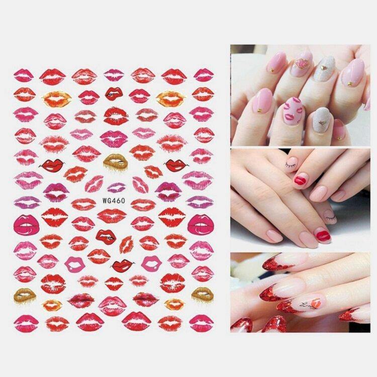 3D Nail Art Stickers Heart Colorful Red Lip Nail Transfer Decals Valentine's Day Tips