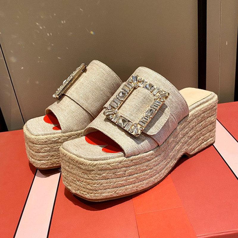 Women's Rhinestone Square Buckle Hemp Rope Slippers