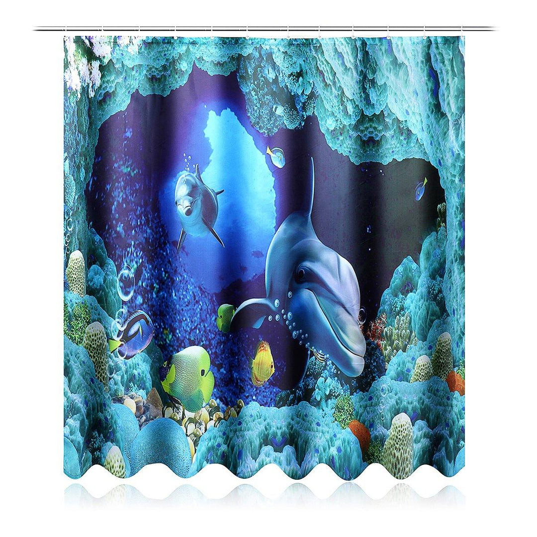 180x180cm Blue Dolphin Deep Sea Waterproof Bathroom Shower Curtain with 12 Hooks