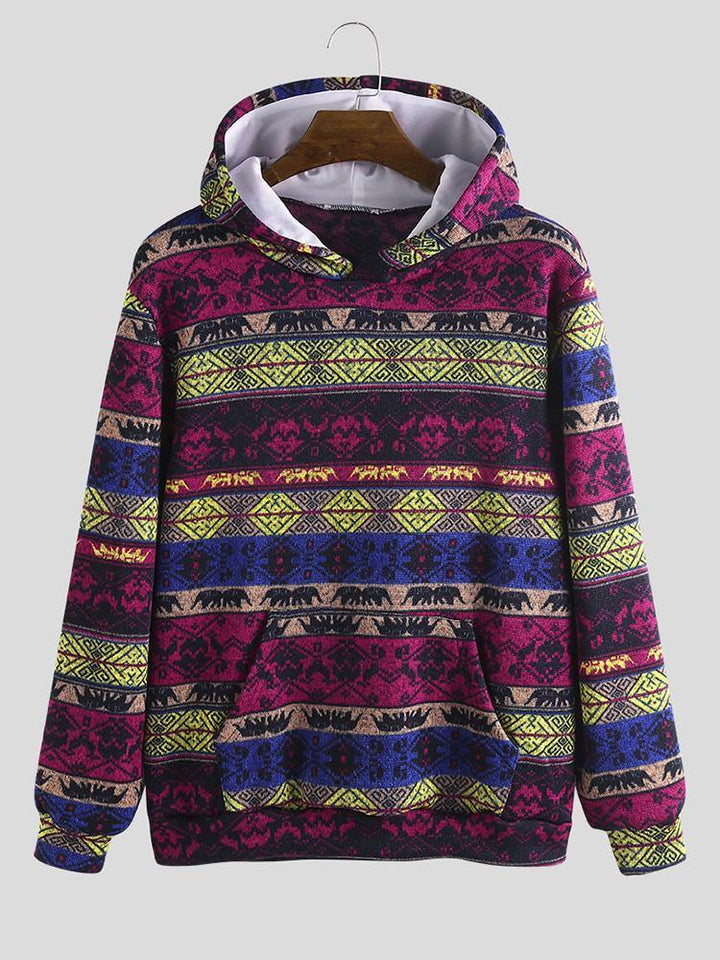 Mens Animal Printed Ethnic Style Casual Pocket Hooded Sweatshirt - MRSLM