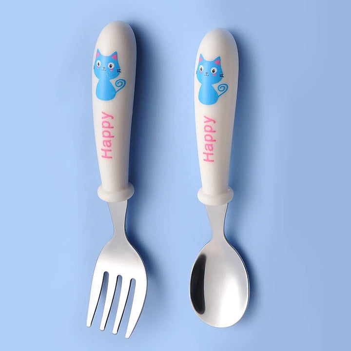 Stainless Steel Toddler Cutlery Set - Cartoon Infant Feeding Spoon & Fork with Travel Case