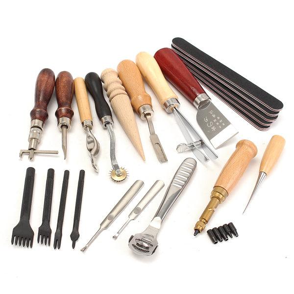 20pcs Wood Handle Leather Craft Tool Kit Leather Hand Sewing Tool Punch Cutter DIY Set