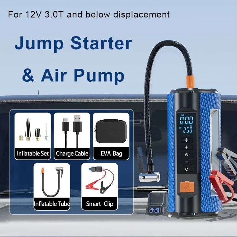 Portable Tire Inflator with Emergency Car Jump Starter & Multifunctional Air Pump