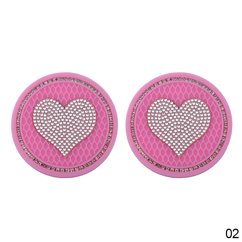 2PCS Heart-Shaped Diamond Car Cup Holder Mats