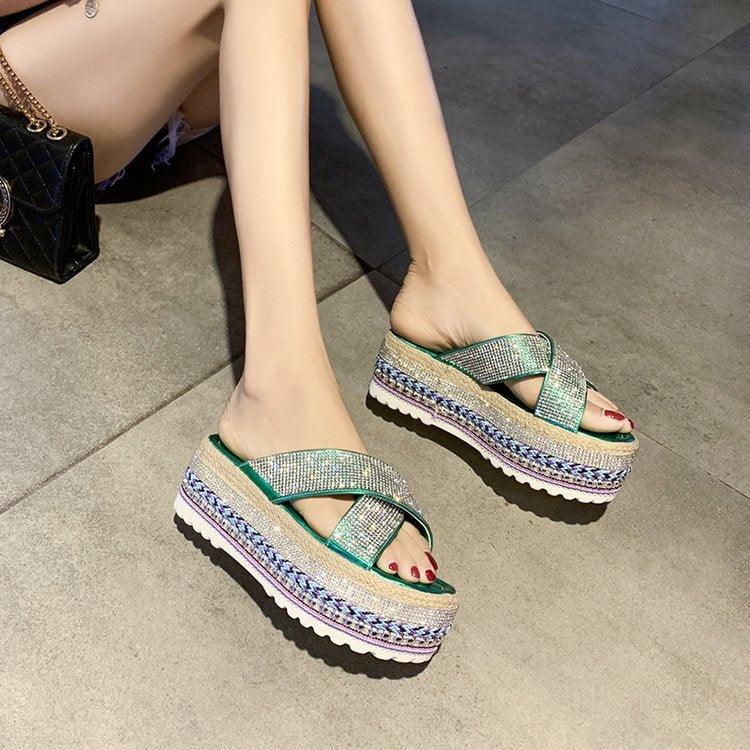 Cross Rhinestone Woven Waterproof Platform Toe Women's Slippers