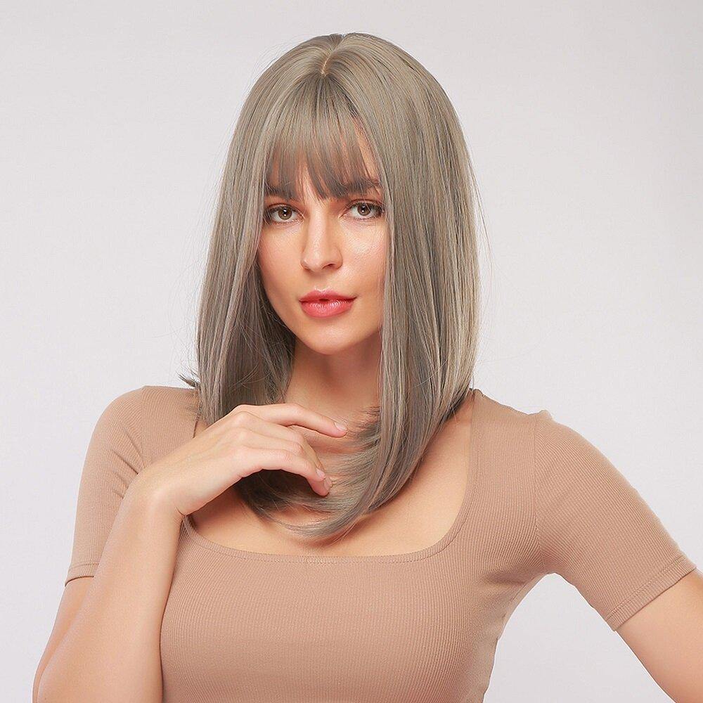 18 Inch Gray Mixed Color Medium-Length Straight Hair Soft Natural Full Head Cover Wig