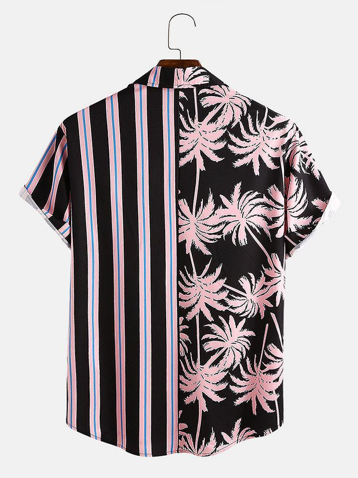 Men Coconut Tree Colorful Stripe Mixed Print Short Sleeve Casual Holiday Shirts