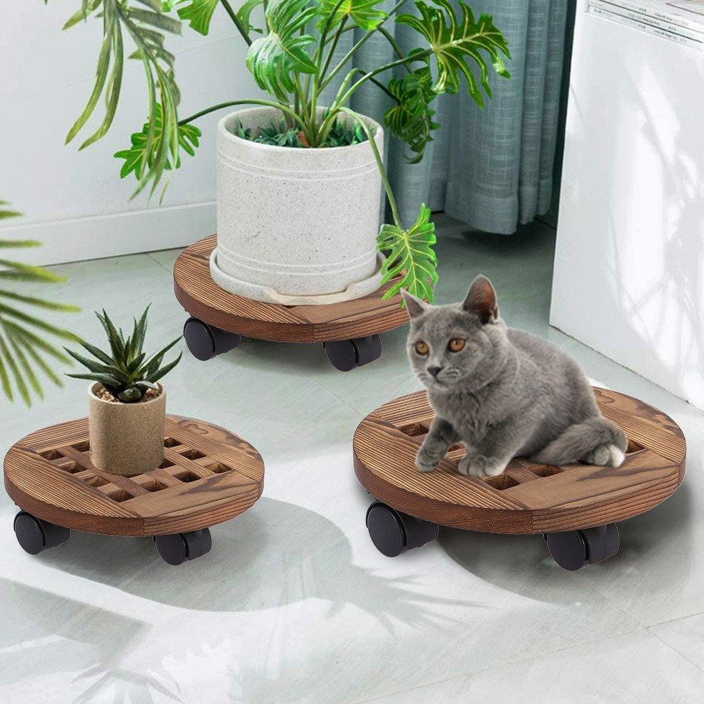 Rolling Wooden Planter Caddy Potted Plant Stand With Wheels Round (Charcoal Color)