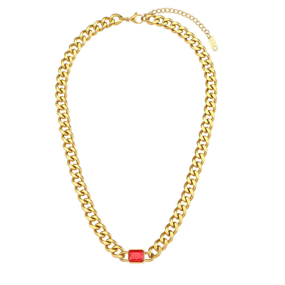 Retro Fashion Thick Chain Stainless Steel Plated 18K Cuban Link Chain Square Zircon Pendant Necklace