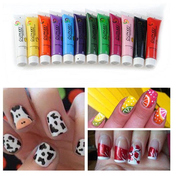 12 Colors Acrylic 3D Paint Nail Art Painting Pigment Tips Set