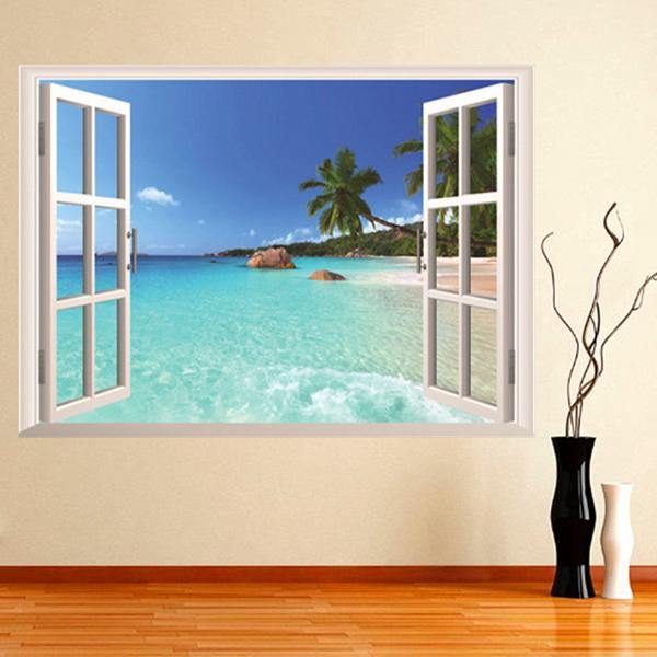 3D Hawaii Holiday Sea View Beach Window View Decal Wall Sticker