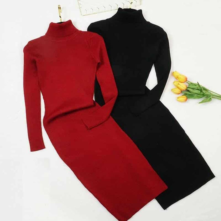 Women's Knitted Solid Color Turtleneck Dress