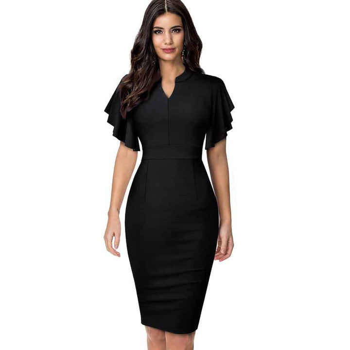 Women's Midi Pencil Dress with Ruffled Sleeves