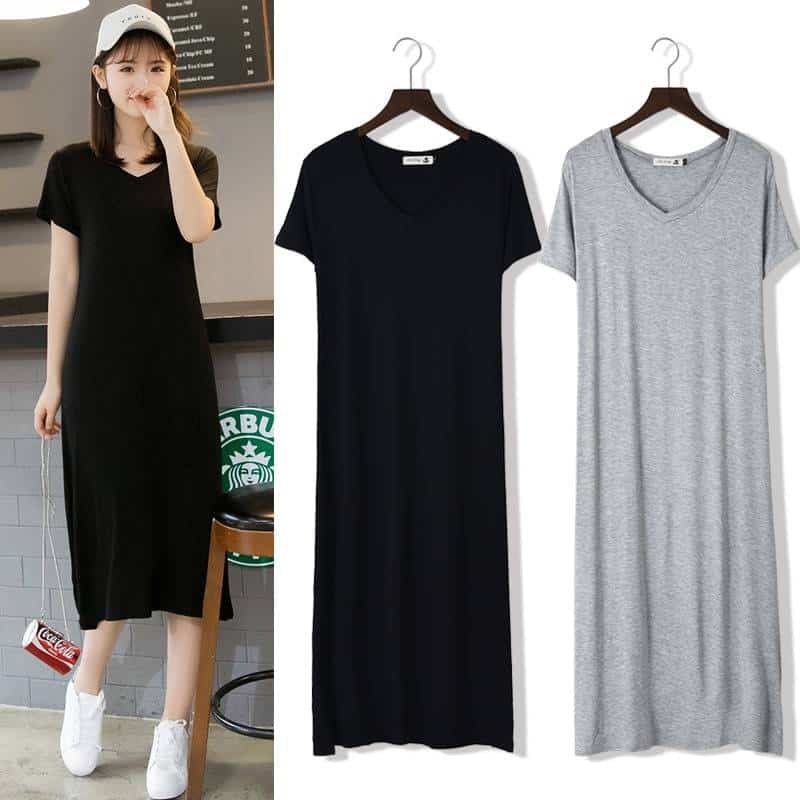 Women's Solid V-Neck Short Sleeved Summer T-Shirt Dress