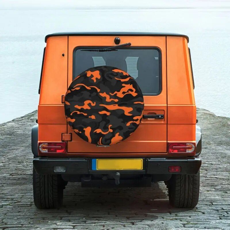 Rugged Camo Spare Tire Cover ‚Äì Black Orange Camouflage Wheel Protector for Off-Road and Outdoor Vehicles