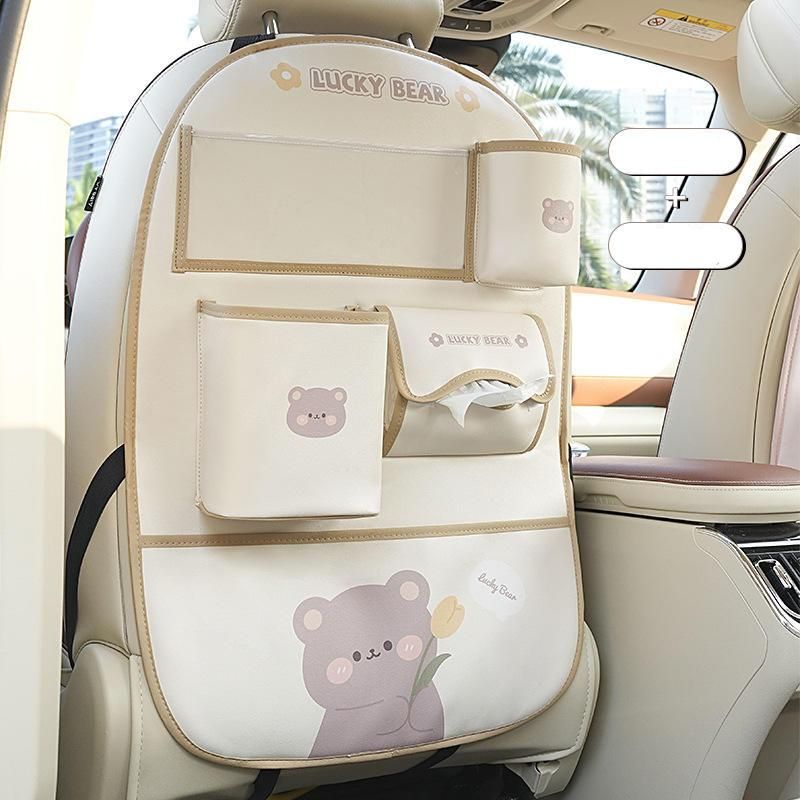 Bear-Themed Car Seat Organizer with Protective Kick Mat