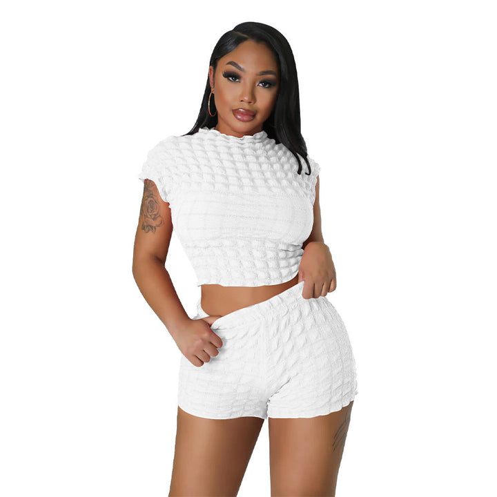 Women's Clothing Hot Sleeveless Midriff-baring Shorts Popcorn Bubble Two-piece Set