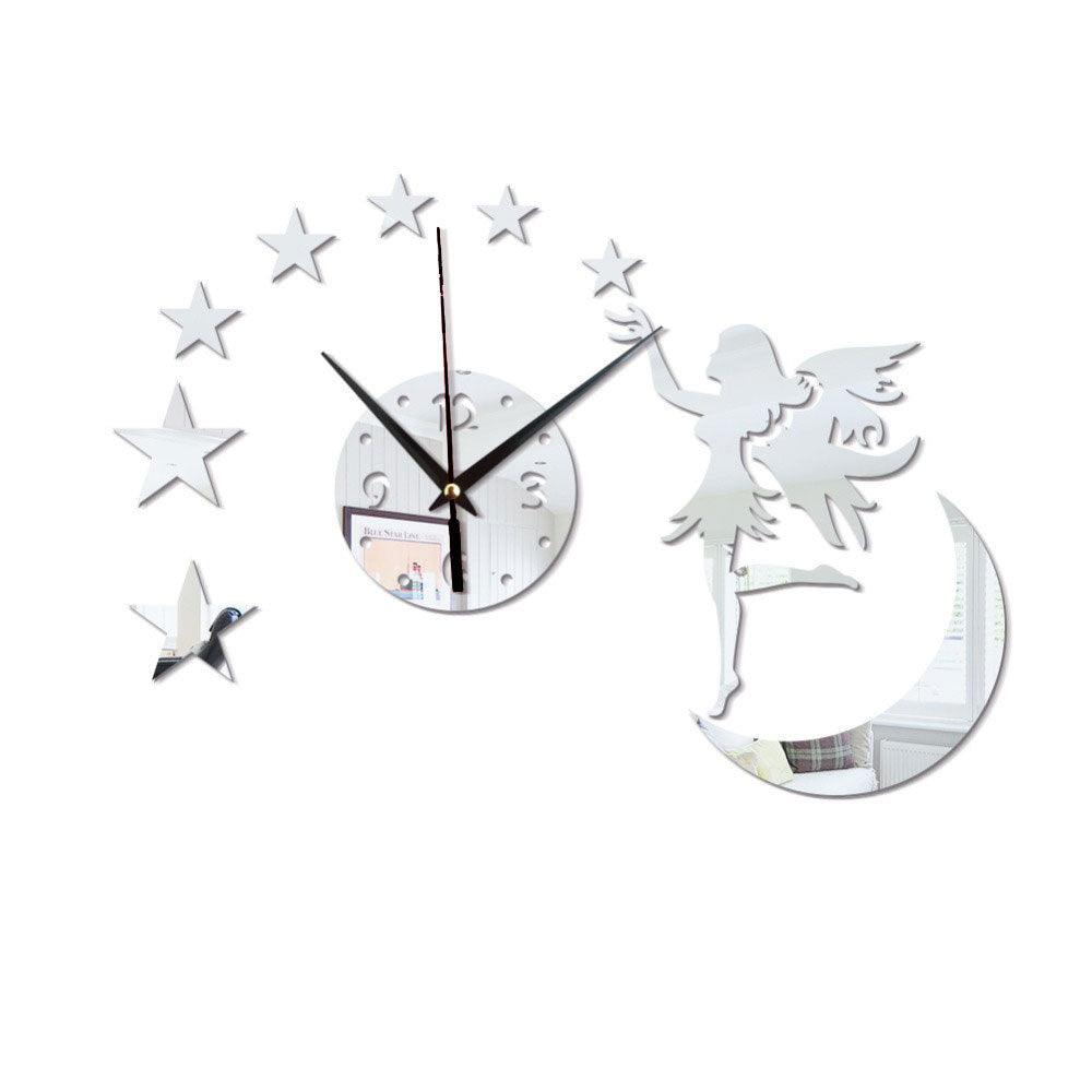 3D DIY Clock Acrylic Mirror Wall Sticker Fairy Angel Moon Star TV Backdrop Home Bedroom Wall Decoration Art Supplies