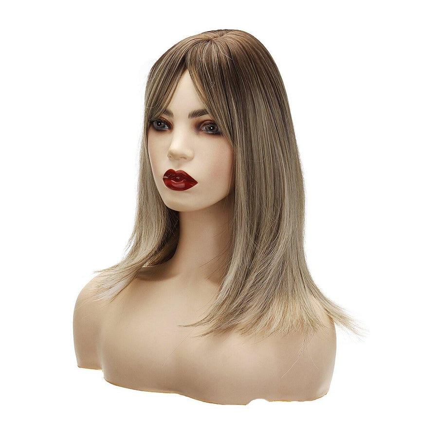 16 inch Brown Roots Ombre Ash Blonde Synthetic Hair Wigs for Women Short BoB Layered Wig - MRSLM