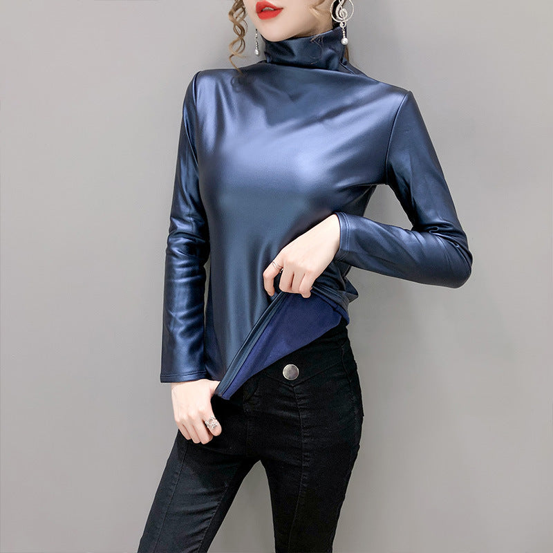 Autumn And Winter Fleece-lined Thick Leather Coat Turtleneck Bottoming Shirt For Women